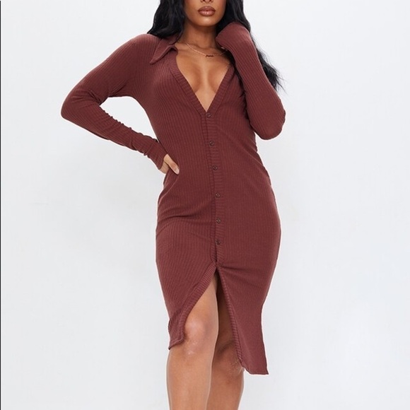 PrettyLittleThing Chocolate Ribbed Dress - US 12 - Picture 1 of 5